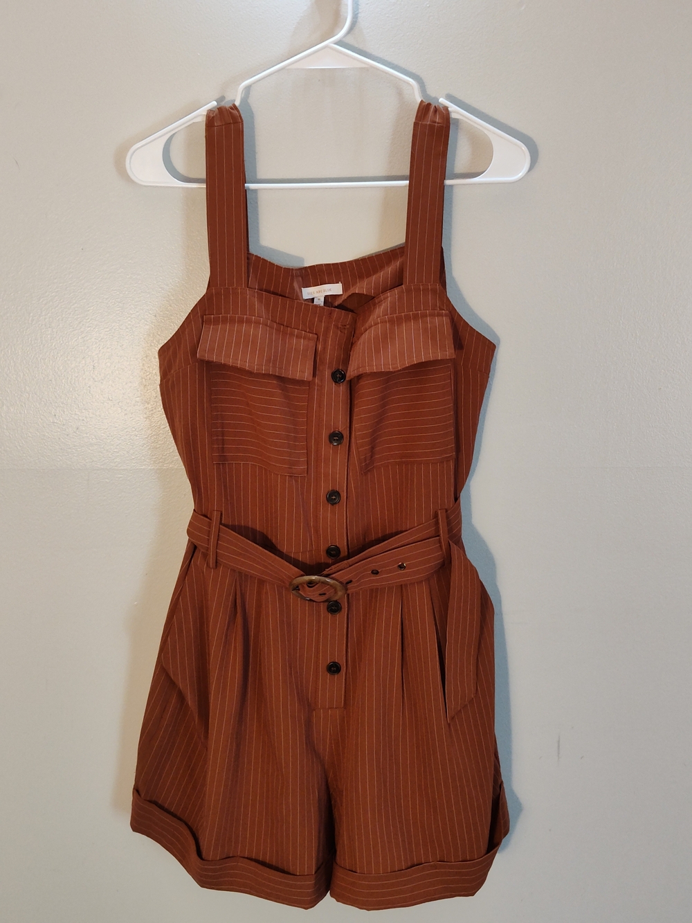 Skies Are Blue Rust Pinstripe Belted Romper